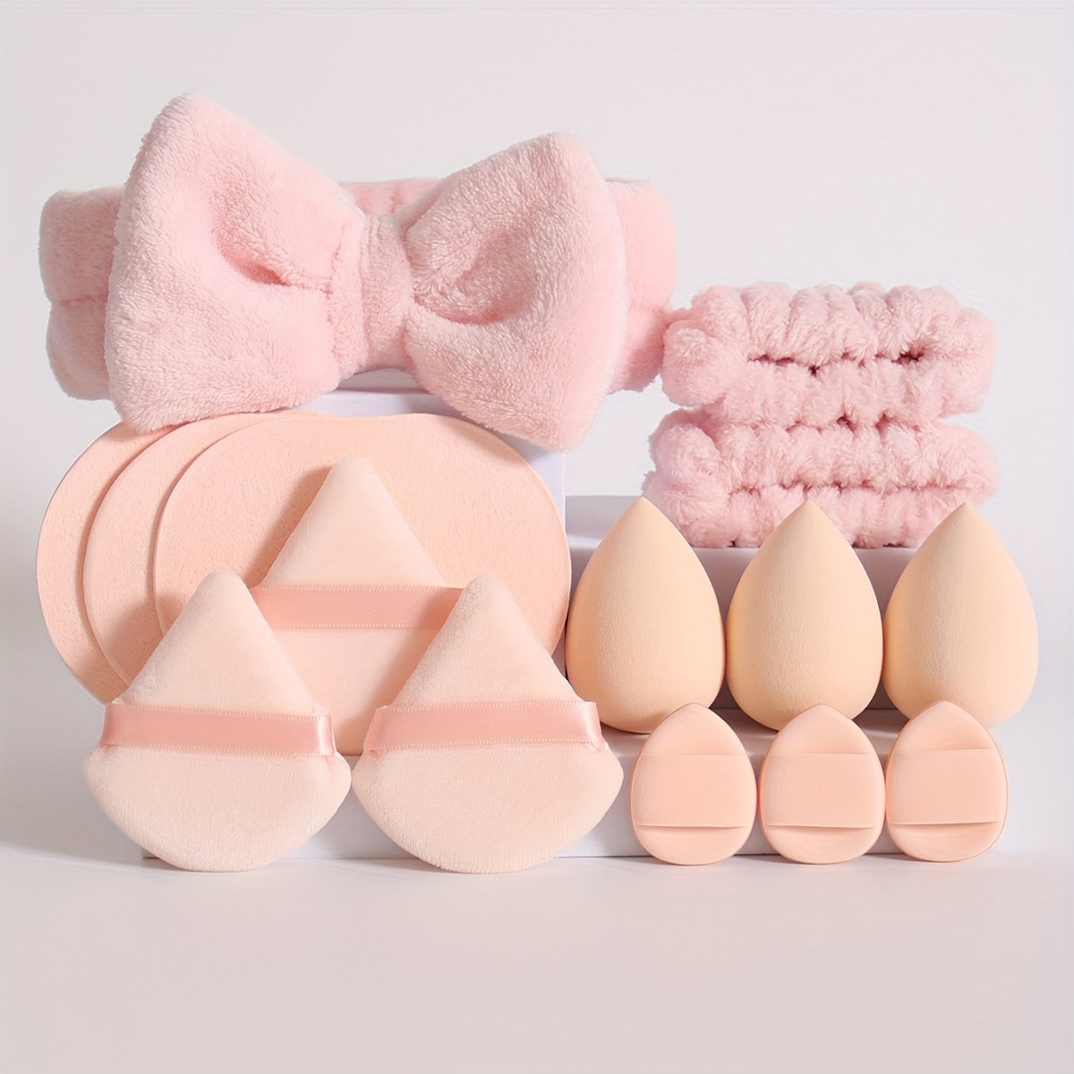 15pcs makeup tool set, 1 hair tie & 2 wristbands & 3 makeup sponges & 3 mini makeup sponges & 3 triangular powder puffs & 3 face wash sponges. Foundation mixing beauty sponge, liquid, cream and powder flawless, multi-color ma