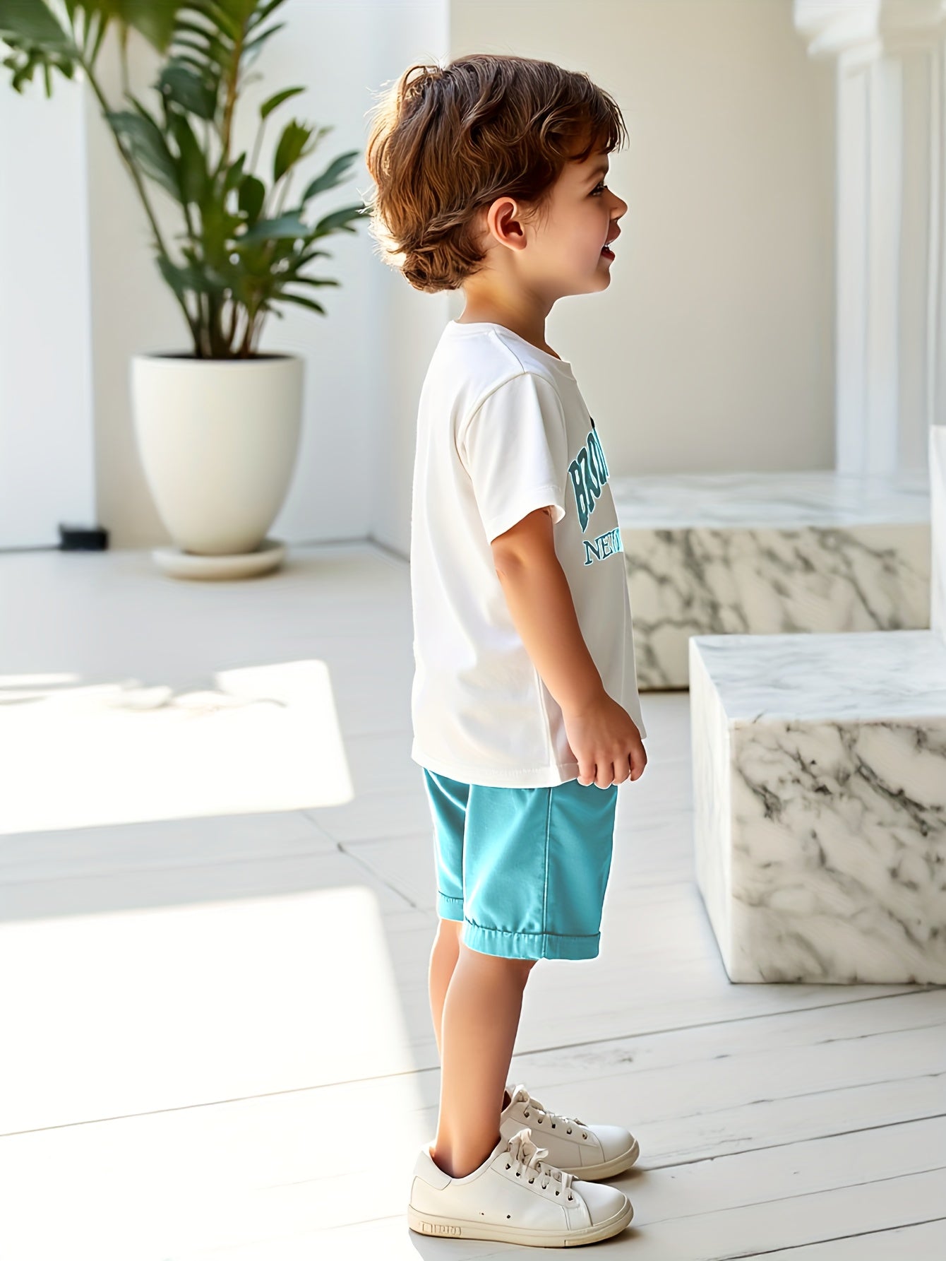 2pcs Summer Casual Shorts & T-Shirt Set for Boys - "Brooklyn New York" Print Tee, Green Shorts, White Sneakers, Polyester Fabric, Casual Summer Attire, Casual Summer Wear | Graphic Tee | Polyester Fabric, Boys Casual Wear, fo
