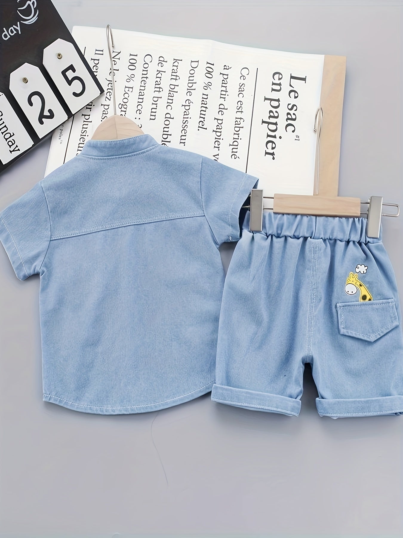 Newborn Baby Boys Casual Trendy Cute Cartoon Faded Denim Short Sleeve Top & Shorts Outdoor Set For Summer Holiday Party Baby Clothes