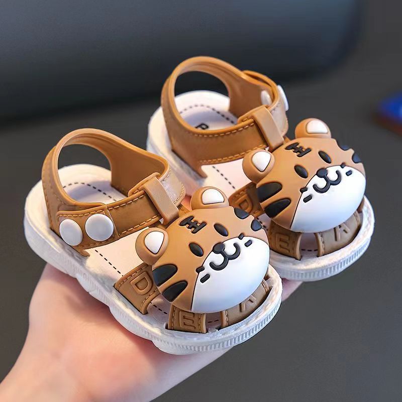 Infant Boys Cartoon Tiger Sandals 2023 Summer Anti-Slip Soft Sole Baby Toddler Walking Shoes with Buckle Closure, Low Top PVC Upper and Sole - for Kids Ages 0-3