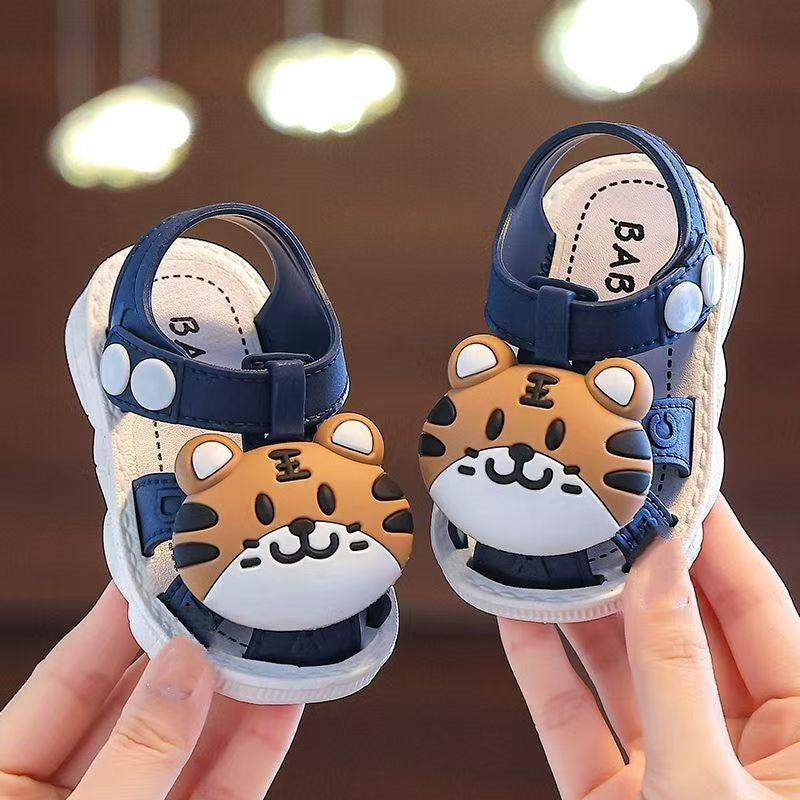 Infant Boys Cartoon Tiger Sandals 2023 Summer Anti-Slip Soft Sole Baby Toddler Walking Shoes with Buckle Closure, Low Top PVC Upper and Sole - for Kids Ages 0-3