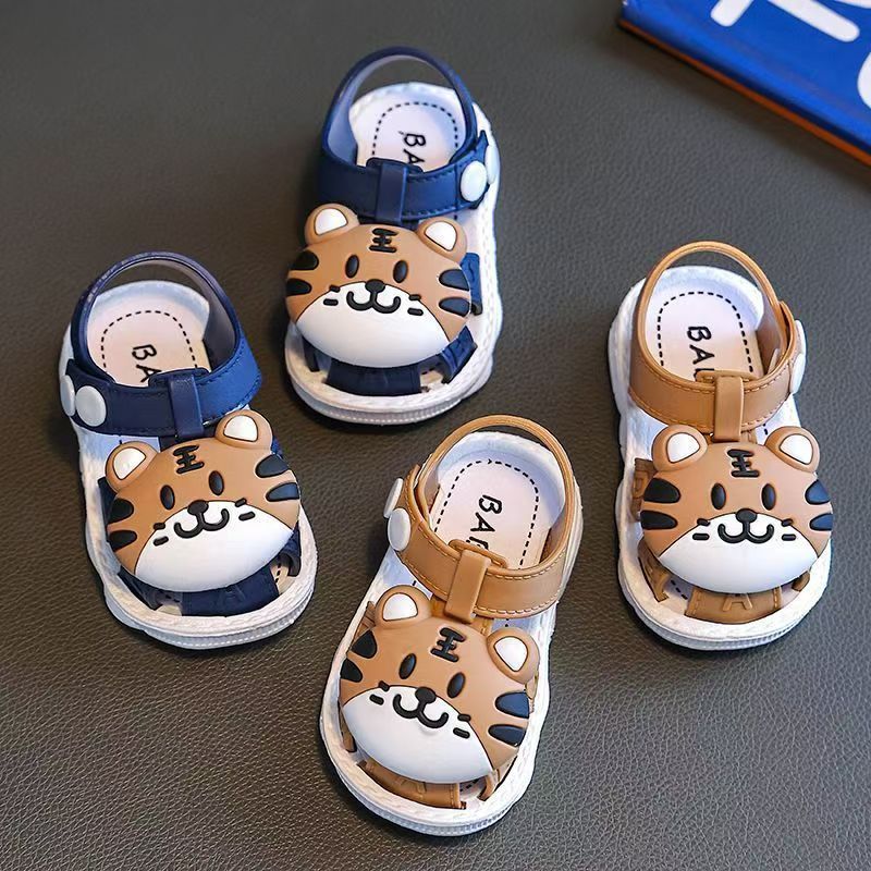 Infant Boys Cartoon Tiger Sandals 2023 Summer Anti-Slip Soft Sole Baby Toddler Walking Shoes with Buckle Closure, Low Top PVC Upper and Sole - for Kids Ages 0-3