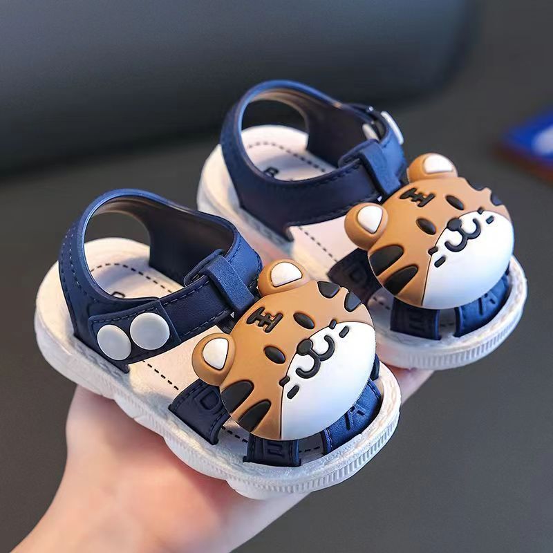 Infant Boys Cartoon Tiger Sandals 2023 Summer Anti-Slip Soft Sole Baby Toddler Walking Shoes with Buckle Closure, Low Top PVC Upper and Sole - for Kids Ages 0-3