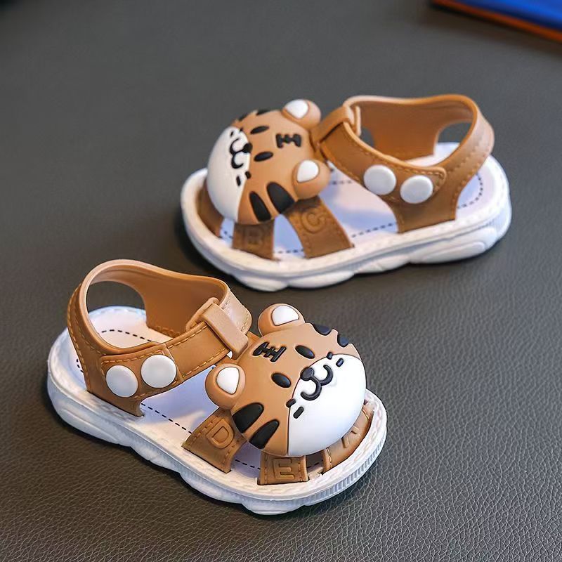 Infant Boys Cartoon Tiger Sandals 2023 Summer Anti-Slip Soft Sole Baby Toddler Walking Shoes with Buckle Closure, Low Top PVC Upper and Sole - for Kids Ages 0-3