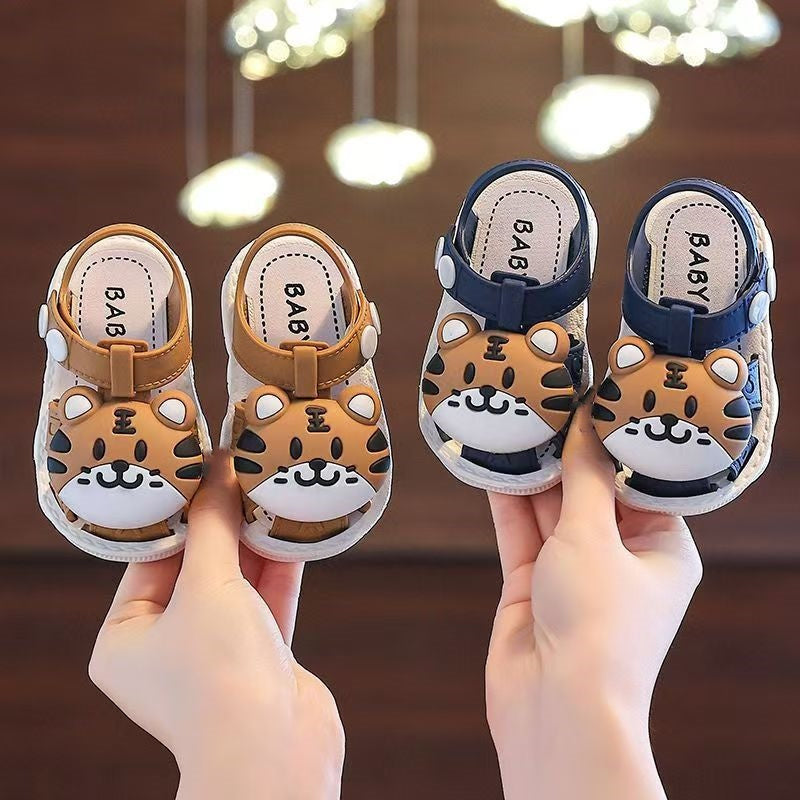 Infant Boys Cartoon Tiger Sandals 2023 Summer Anti-Slip Soft Sole Baby Toddler Walking Shoes with Buckle Closure, Low Top PVC Upper and Sole - for Kids Ages 0-3
