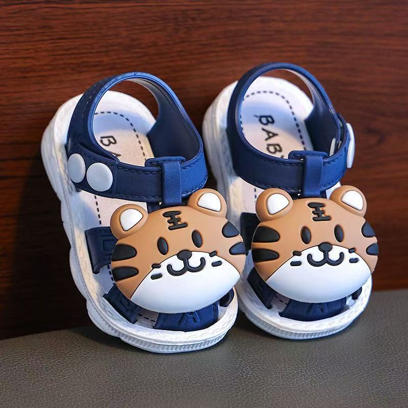 Infant Boys Cartoon Tiger Sandals 2023 Summer Anti-Slip Soft Sole Baby Toddler Walking Shoes with Buckle Closure, Low Top PVC Upper and Sole - for Kids Ages 0-3