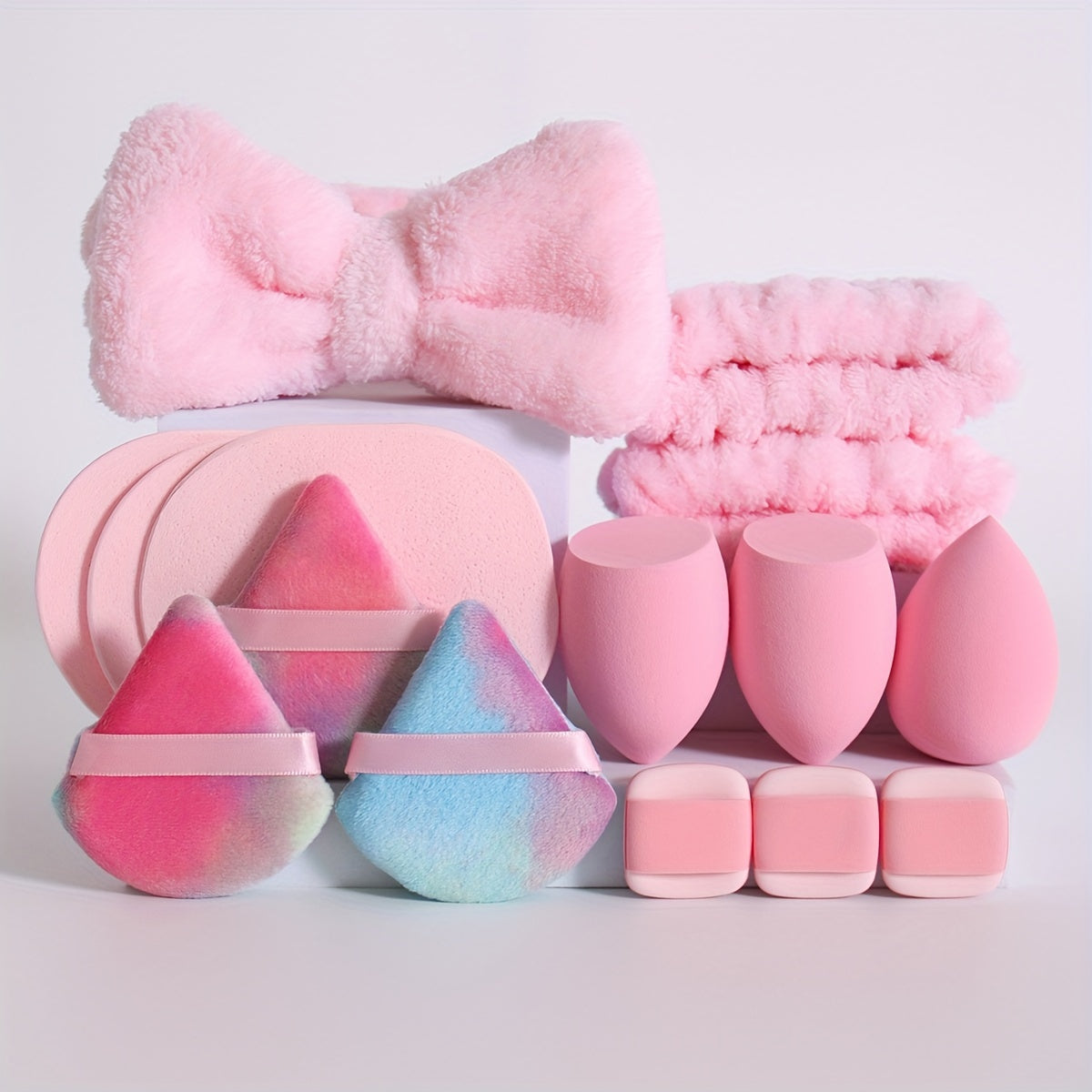 15pcs makeup tool set, 1 hair tie & 2 wristbands & 3 makeup sponges & 3 mini makeup sponges & 3 triangular powder puffs & 3 face wash sponges. Foundation mixing beauty sponge, liquid, cream and powder flawless, multi-color ma