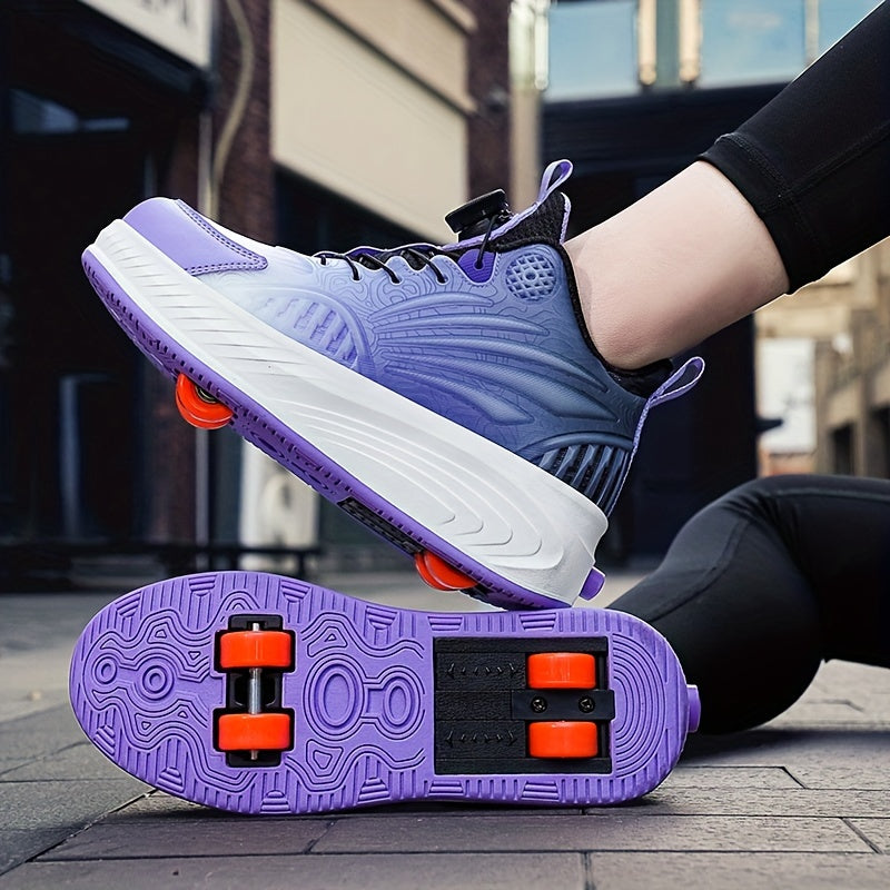 Boys' Geometric-Patterned Rotary Buckle Skate Sneakers - All-Season Low Top Sports Shoes with Retractable Rear Tech, Abrasion Resistant for Casual & Athletic Use, PU Upper & Fabric Inner, TPR Sole