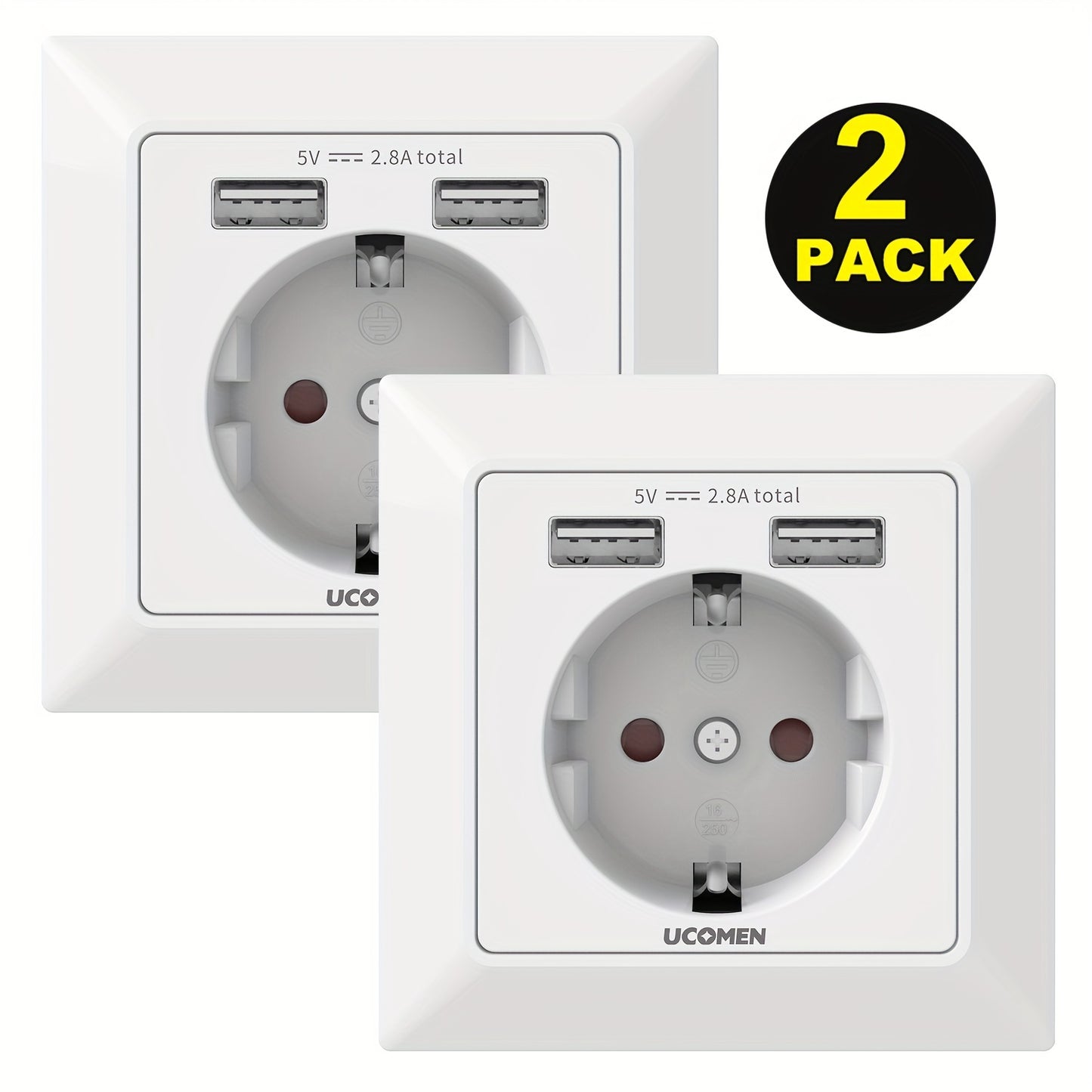 European Wall Socket with Two Charging USB A, 16A/3680W