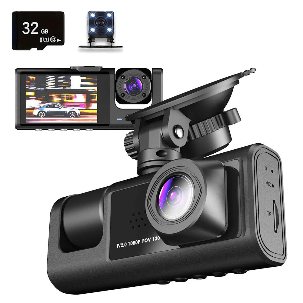 3-Channel Dash Cam Car Camera with Loop Recording & 32GB Card – Wide Angle Front, Cabin & Rear View for Maximum Visibility, Clear Image Quality, Easy to Use