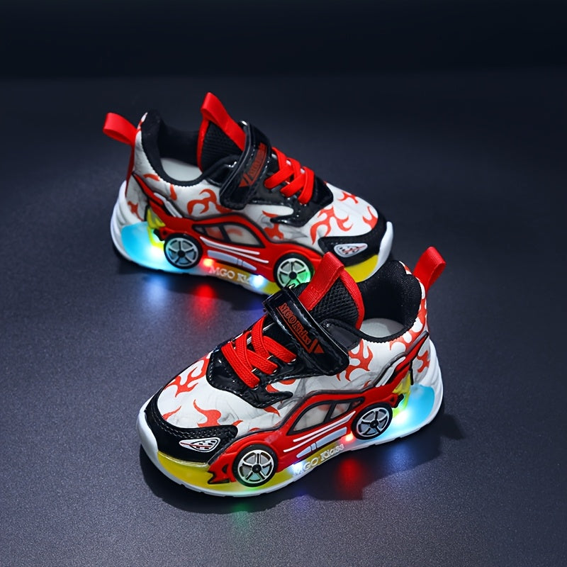 MGO Kids Light-Up Sneakers, Cartoon Car Design, LED Running Shoes for Boys & Girls, Casual All-Season Mesh Upper, Round Toe, Low Top, Disposable Battery, Ages 14 & Under, Spring/Summer/Fall Collection