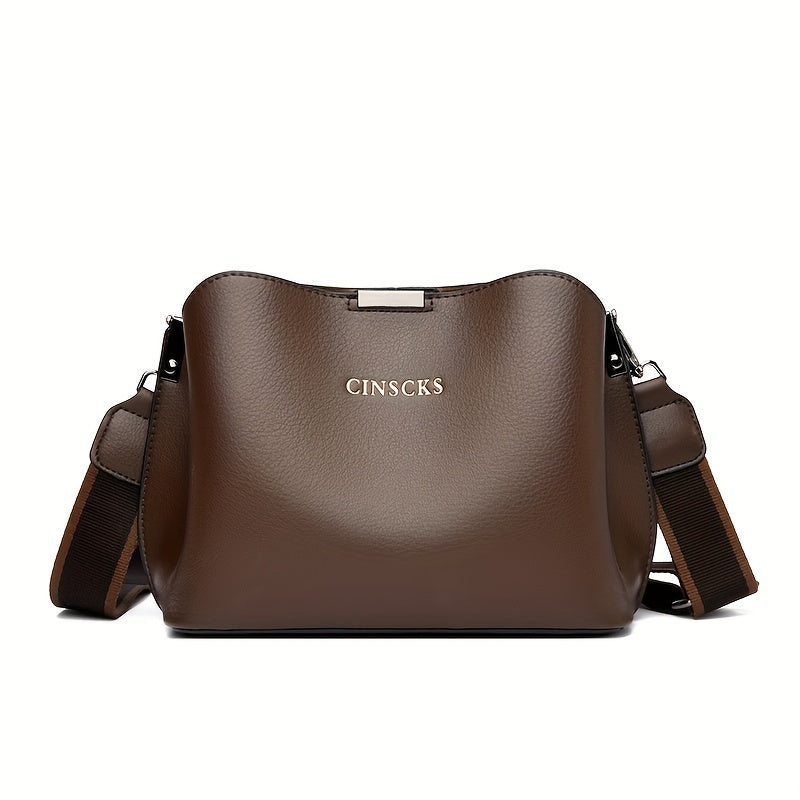 Elegant Women's Crossbody Bucket Bag - Chic Minimalist Design with Multiple Compartments, Solid Color,, Available in Khaki, Brown, Blue, Black, Versatile Crossbody Bag | Minimalist Bucket Bag | Goldtone Hardware, Small Crossb