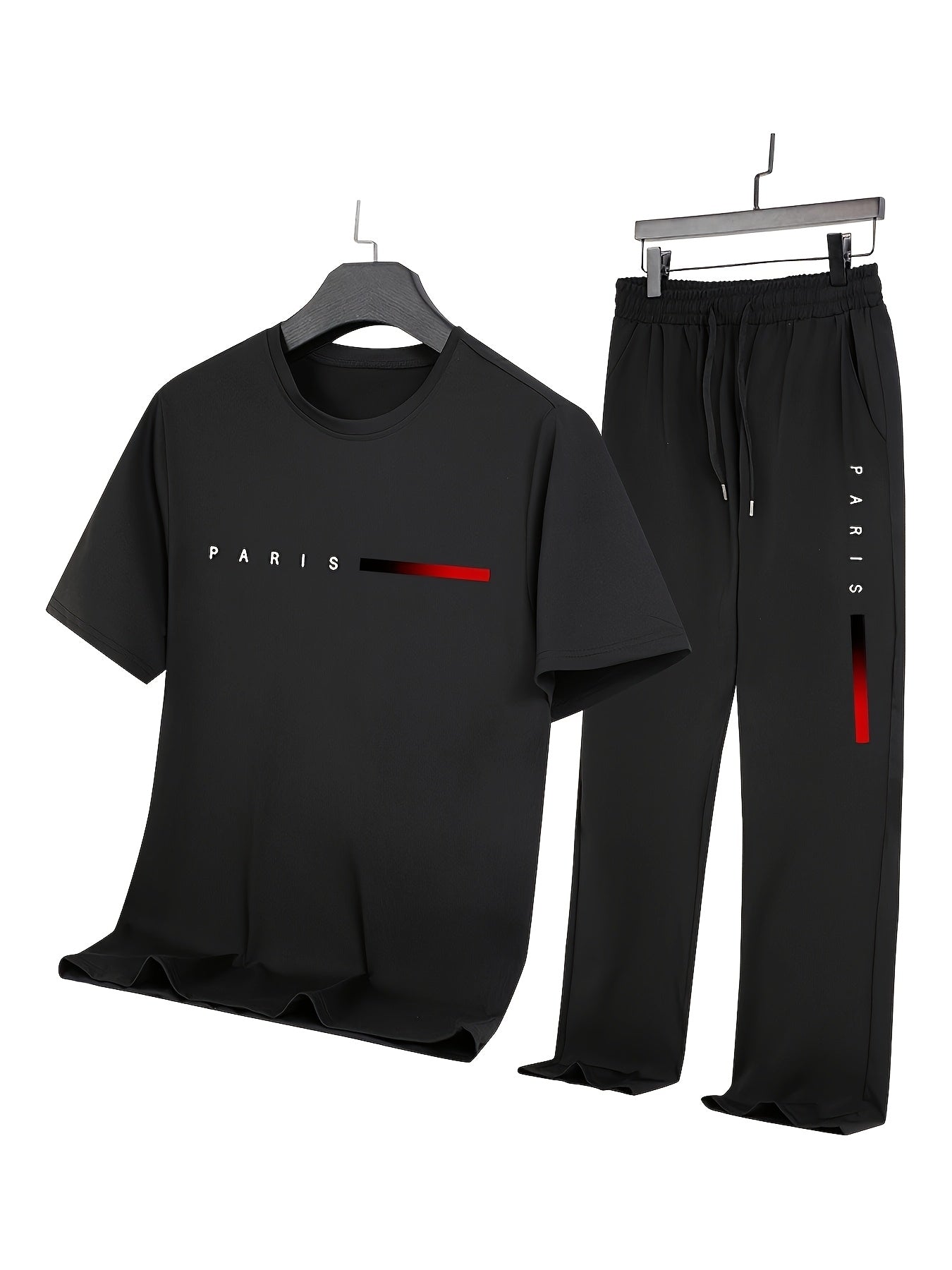 Men'S Casual Sports Two-Piece Set Short Sleeve Top Straight Leg Pants with Paris Print, Fashionable And Trendy, Ideal for Summer, Parties, Casual Outings, And Everyday Wear, Everyday Wear|Short Sleeve Top|Print Trousers