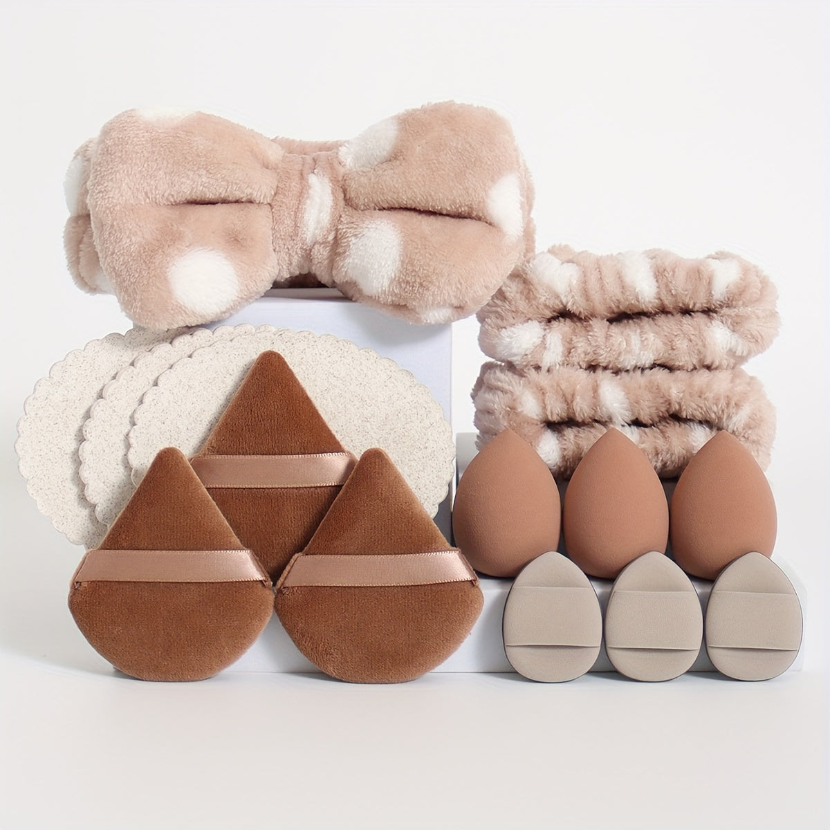 15pcs makeup tool set, 1 hair tie & 2 wristbands & 3 makeup sponges & 3 mini makeup sponges & 3 triangular powder puffs & 3 face wash sponges. Foundation mixing beauty sponge, liquid, cream and powder flawless, multi-color ma