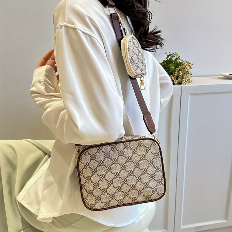 Vintage Plaid Faux Leather Crossbody Bag with Removable Strap, Zipper Closure, Polyester Lined, Painted Edges, Small Pouch - Women'S Shoulder Shell Bag for Occasions