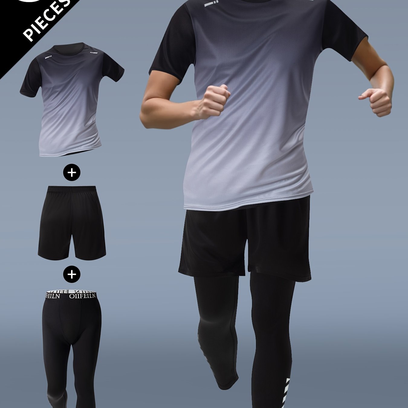 3pcs Men'S Athletic Wear Set - Short Sleeve T-Shirt, Shorts, and Leggings with Gradient Blue and Black Design, Polyester Blend, Summer Sports Gear, Athletic Wear Set|Gradient Sportswear|Stretchy Fabric