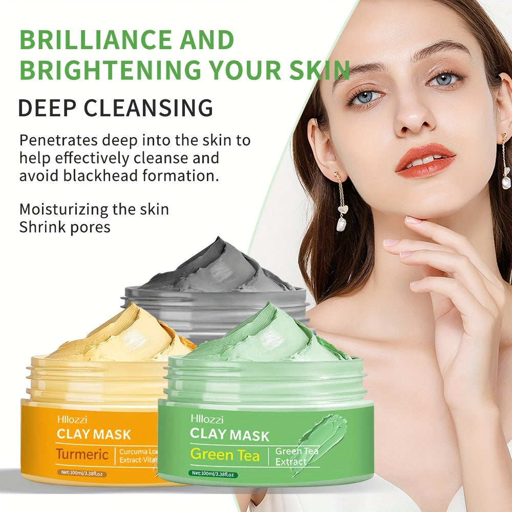 100ml/3.38fl.oz Dead Sea Mud Mask, Turmeric Clay Mask, Green Tea Clay Mask, Three Combination Clay Masks, Moisturizing, Hydrating and Pore Refining Deep Cleansing Facial Skin Care Mask Clay Mask