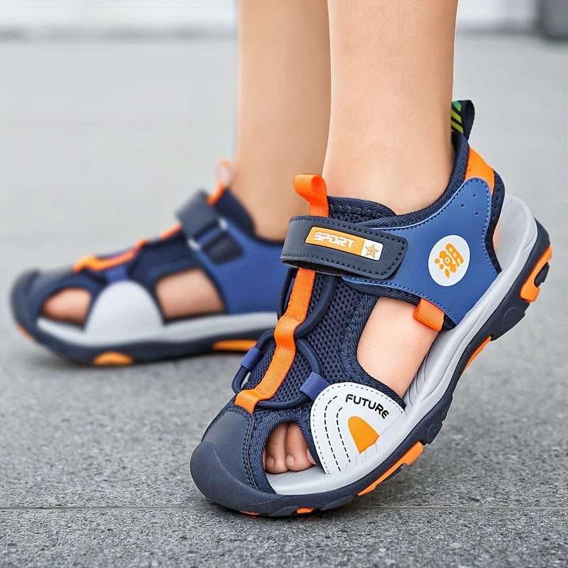 Youngsters' Fashionable Blue & Orange Sandals - Breathable Mesh, Non-Slip Sole with Adjustable Strap for Spring, Summer & Autumn Casual Use