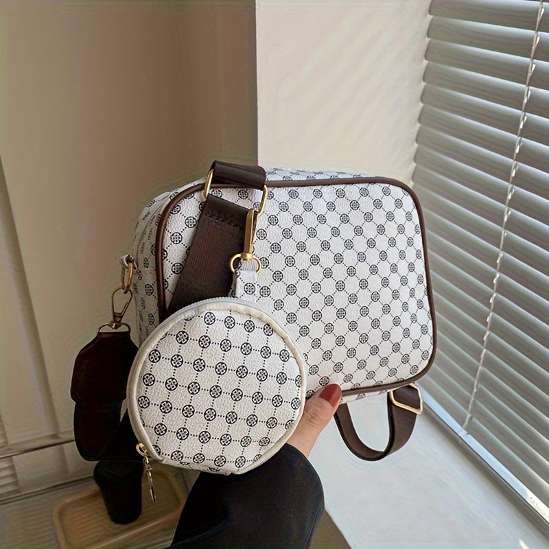 Vintage Plaid Faux Leather Crossbody Bag with Removable Strap, Zipper Closure, Polyester Lined, Painted Edges, Small Pouch - Women'S Shoulder Shell Bag for Occasions