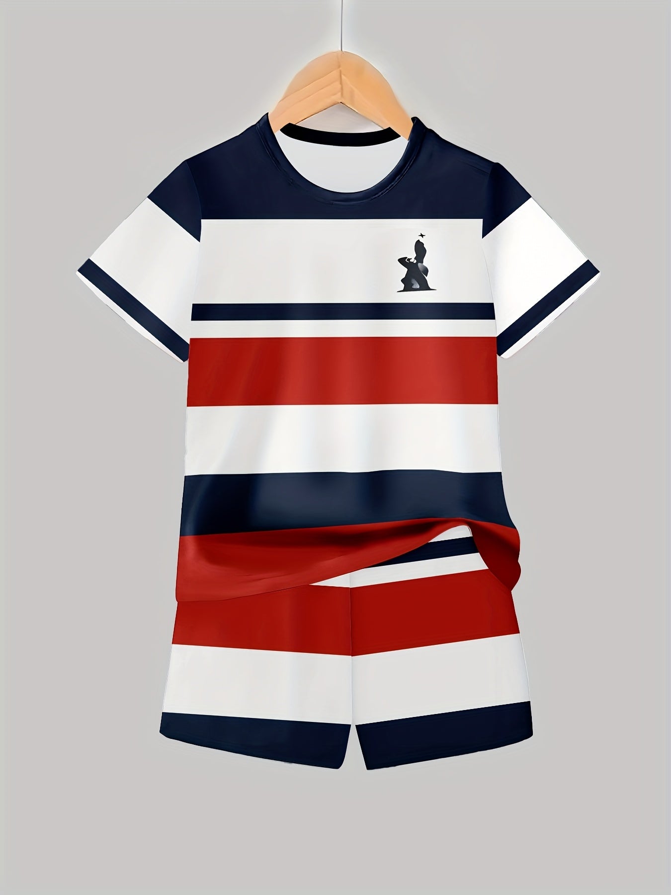 Boys' Polyester 100% Striped T-Shirt and Shorts Set, Casual Crew Neck Pullover with 3D Print, Regular Fit Spring/Summer Knit Fabric Outfit, for Outdoor
