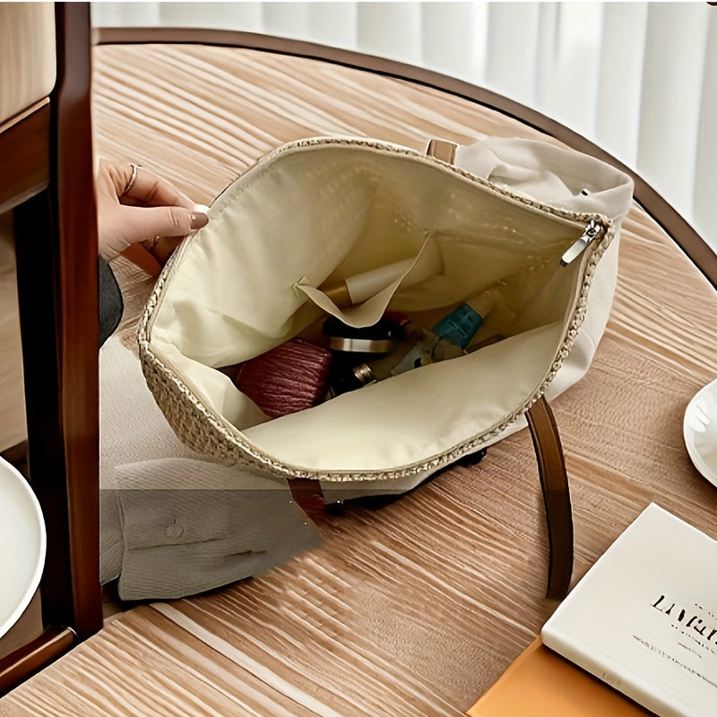 Large Capacity Woven Forest Tote Bag - Beige, One-Shoulder, Zipper Closure, Polyester Lining, Edge Paint Detail, Ideal for Beach & Casual Use, Beach Tote Bag|Woven Handle Bag|Zippered Tote, Beach Bag Tote