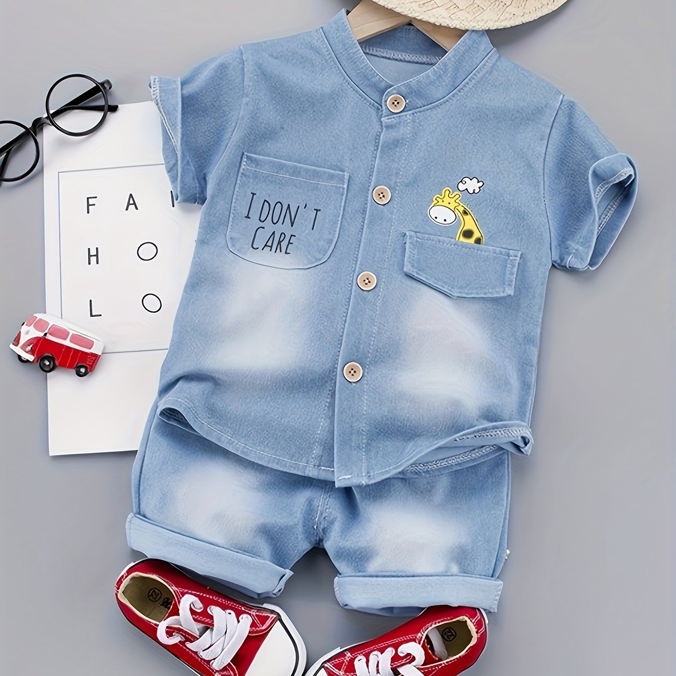 Newborn Baby Boys Casual Trendy Cute Cartoon Faded Denim Short Sleeve Top & Shorts Outdoor Set For Summer Holiday Party Baby Clothes