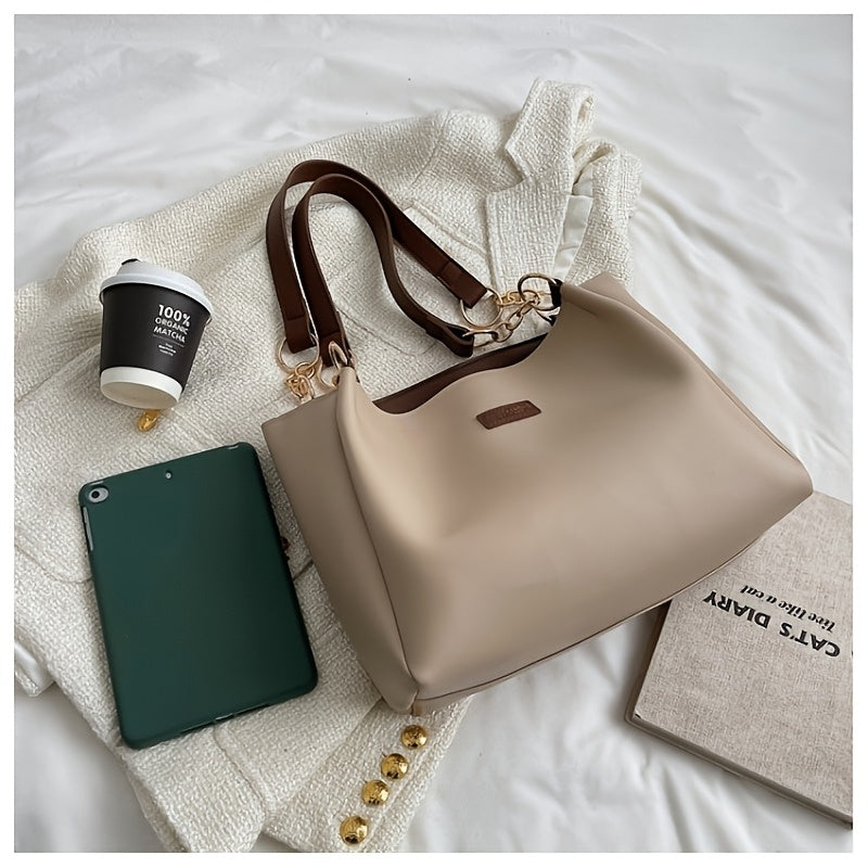 Chic Large Capacity Tote Bag for Women - Versatile Shoulder Bag with Chain Strap, Perfect for Work & School - Available in Khaki, Cream, Black