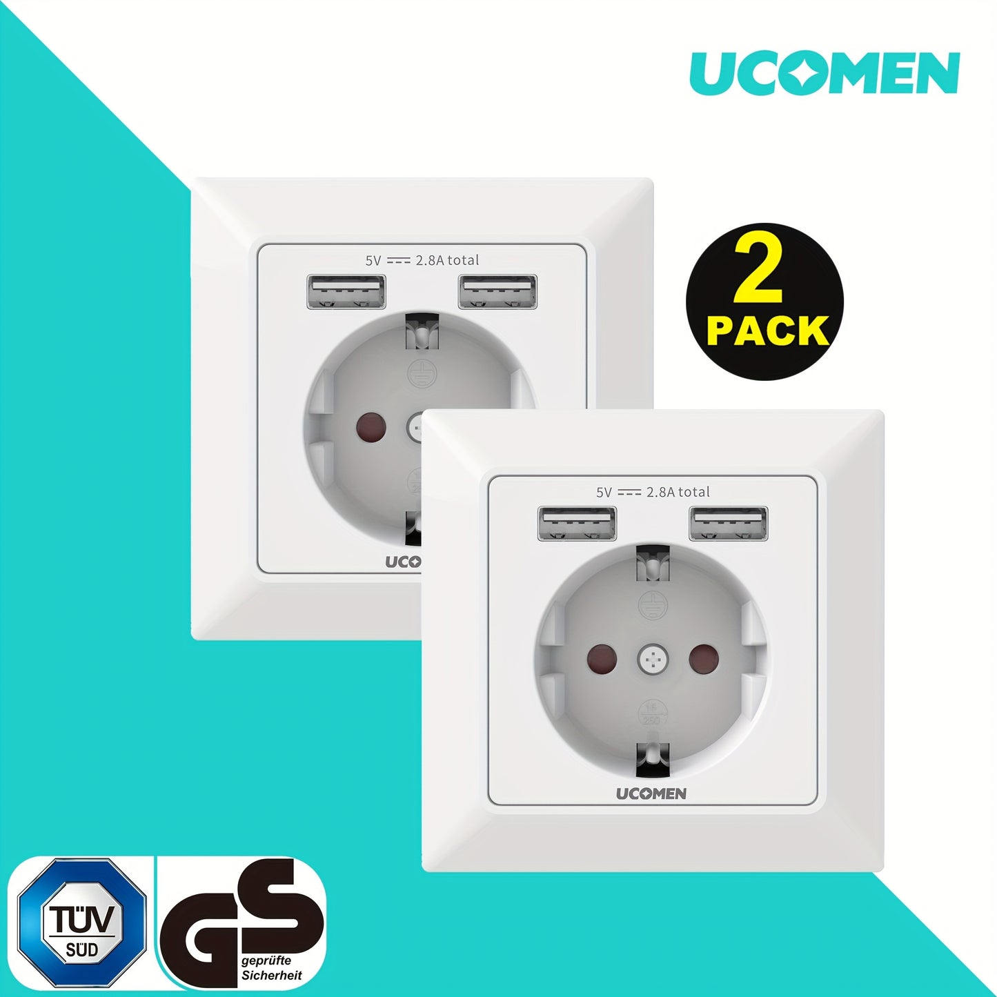European Wall Socket with Two Charging USB A, 16A/3680W