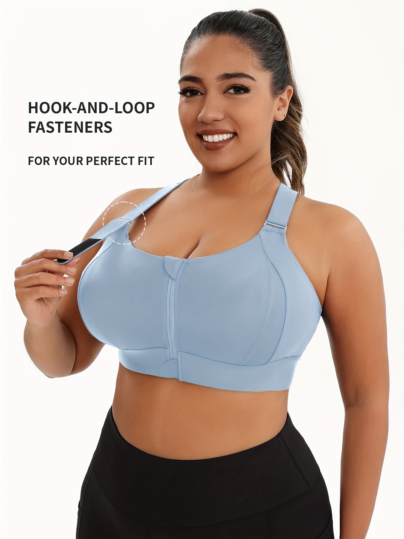 Women'S Plus Size High-Elasticity Sports Bra with Zipper - Blue, Non-Removable Padding, Adjustable Shoulder Straps, Ideal for Yoga & Pilates, Plus Size Yoga Apparel|Sleek Bralette|Comfortable Fit, Plus Size Yoga Apparel