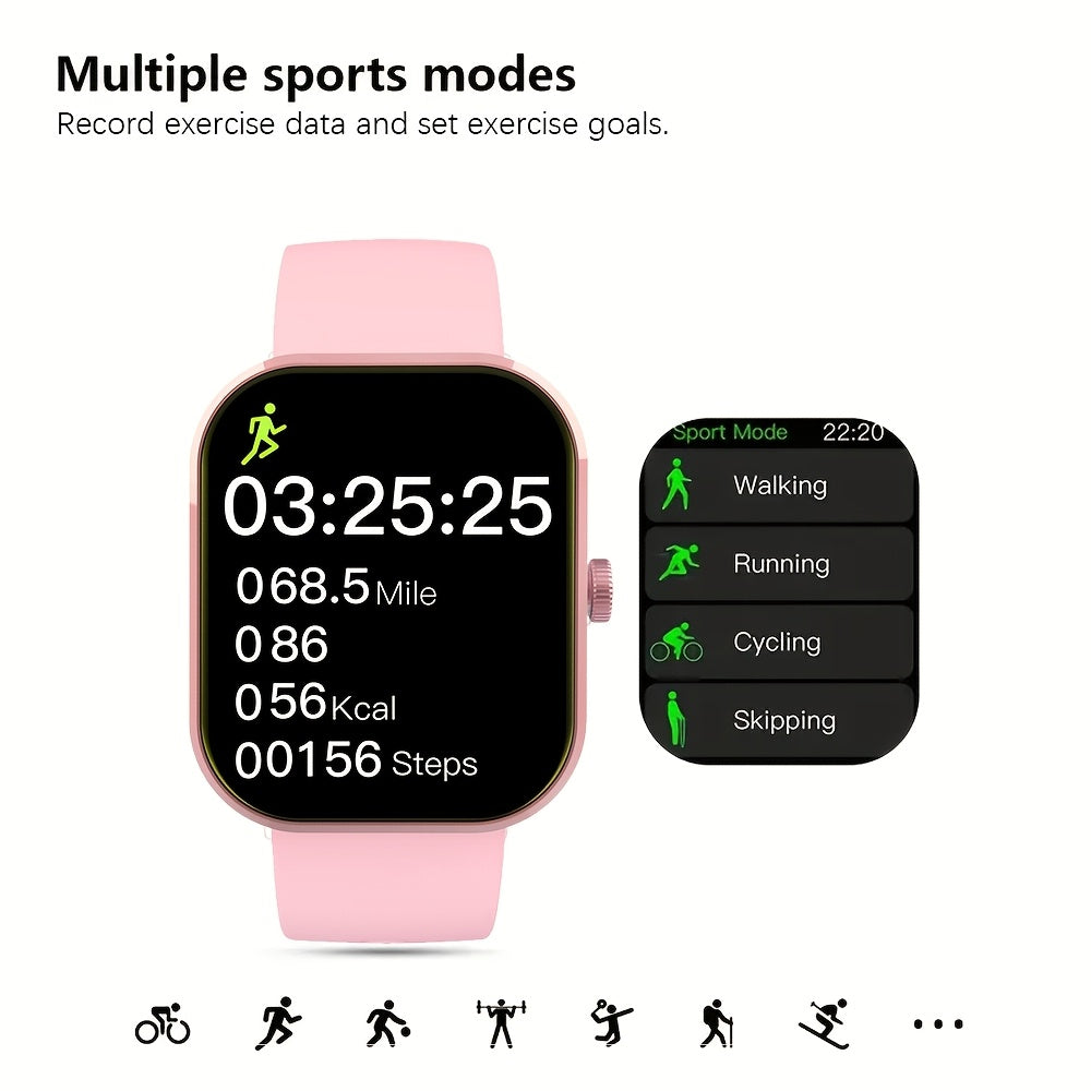 GREENPORT Smart Watch with Wireless Calls, Multi-Sport Modes, Sedentary Alert, Weather Forecast & Message Notifications - Compatible with Android & iPhone, Pink Silicone Band, USB Rechargeable, Perfect Gift for Active Lifesty