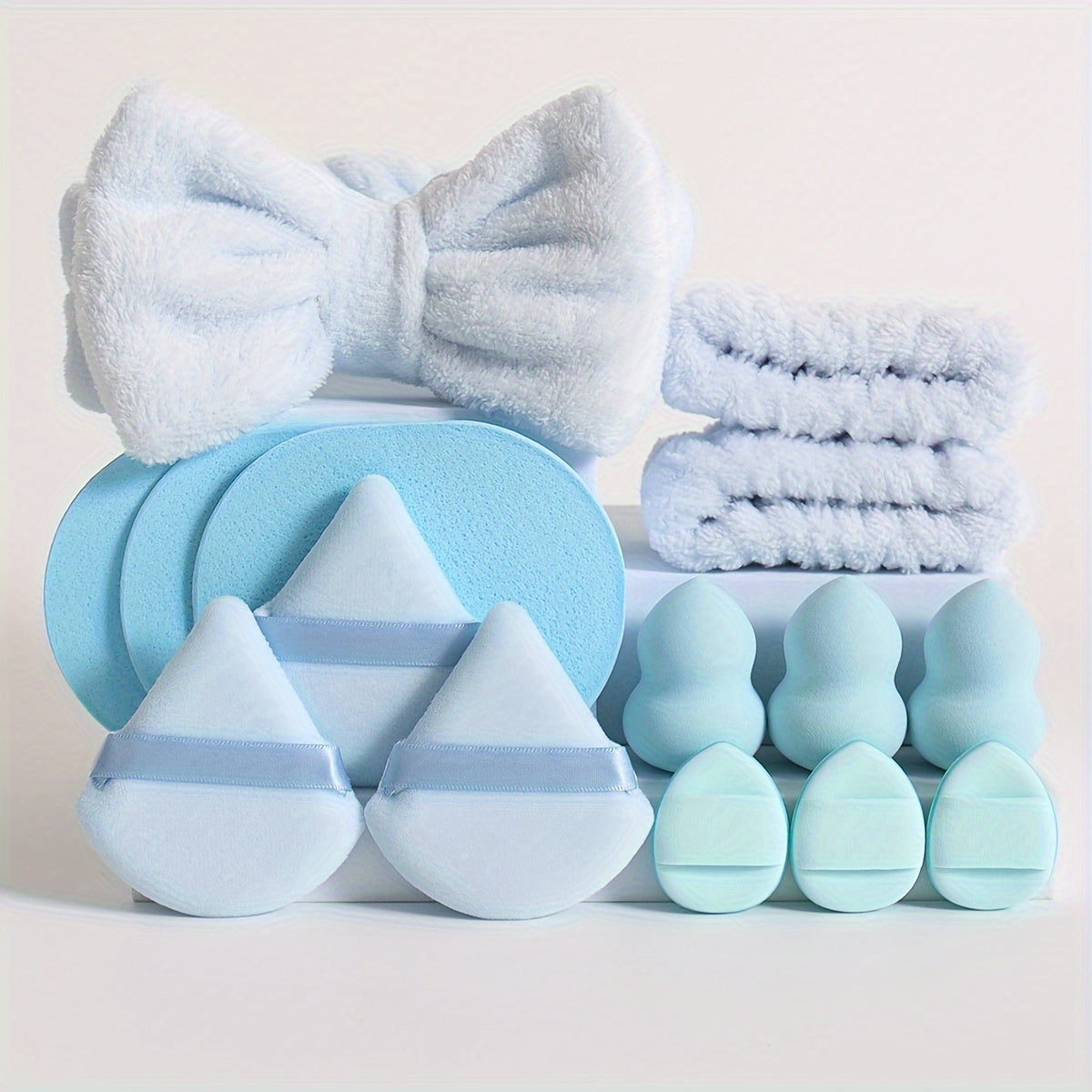 15pcs makeup tool set, 1 hair tie & 2 wristbands & 3 makeup sponges & 3 mini makeup sponges & 3 triangular powder puffs & 3 face wash sponges. Foundation mixing beauty sponge, liquid, cream and powder flawless, multi-color ma