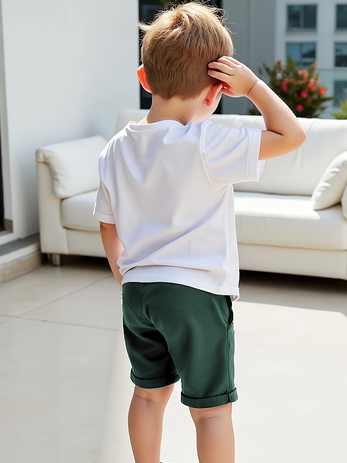 2pcs Summer Casual Shorts & T-Shirt Set for Boys - "Brooklyn New York" Print Tee, Green Shorts, White Sneakers, Polyester Fabric, Casual Summer Attire, Casual Summer Wear | Graphic Tee | Polyester Fabric, Boys Casual Wear, fo