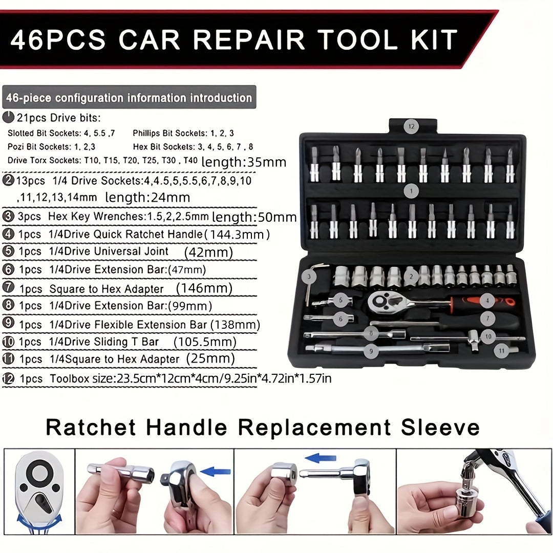 46pcs Ratchet Wrench Set with Socket, 1/4 Inch Transmission, Metric, with Extension Rod, for Car Maintenance and Home Use - Steel Plated Structure, Pre-assembled, Manual, with Storage Box