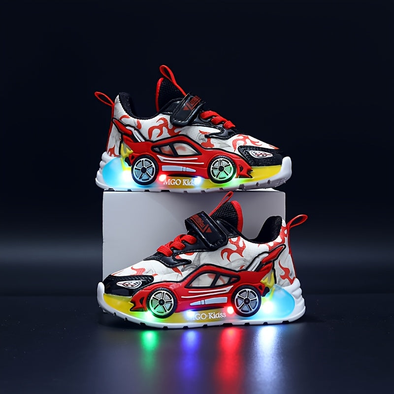 MGO Kids Light-Up Sneakers, Cartoon Car Design, LED Running Shoes for Boys & Girls, Casual All-Season Mesh Upper, Round Toe, Low Top, Disposable Battery, Ages 14 & Under, Spring/Summer/Fall Collection