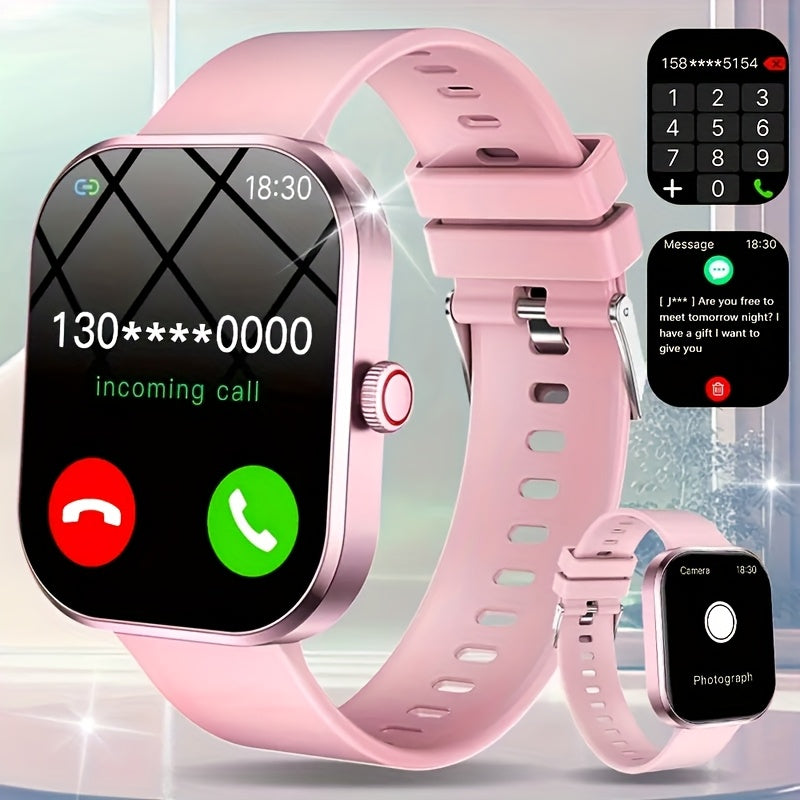 GREENPORT Smart Watch with Wireless Calls, Multi-Sport Modes, Sedentary Alert, Weather Forecast & Message Notifications - Compatible with Android & iPhone, Pink Silicone Band, USB Rechargeable, Perfect Gift for Active Lifesty