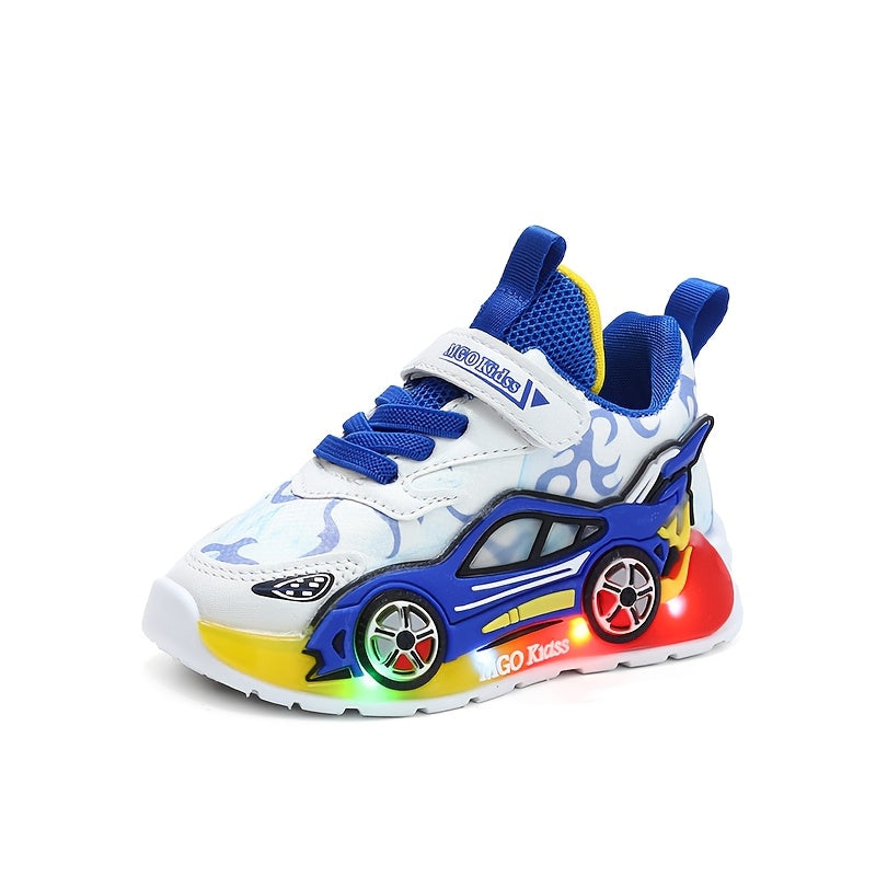 MGO Kids Light-Up Sneakers, Cartoon Car Design, LED Running Shoes for Boys & Girls, Casual All-Season Mesh Upper, Round Toe, Low Top, Disposable Battery, Ages 14 & Under, Spring/Summer/Fall Collection