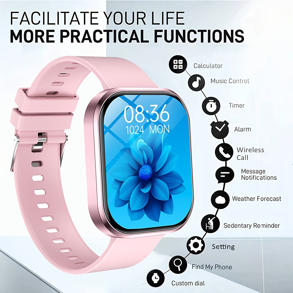 GREENPORT Smart Watch with Wireless Calls, Multi-Sport Modes, Sedentary Alert, Weather Forecast & Message Notifications - Compatible with Android & iPhone, Pink Silicone Band, USB Rechargeable, Perfect Gift for Active Lifesty