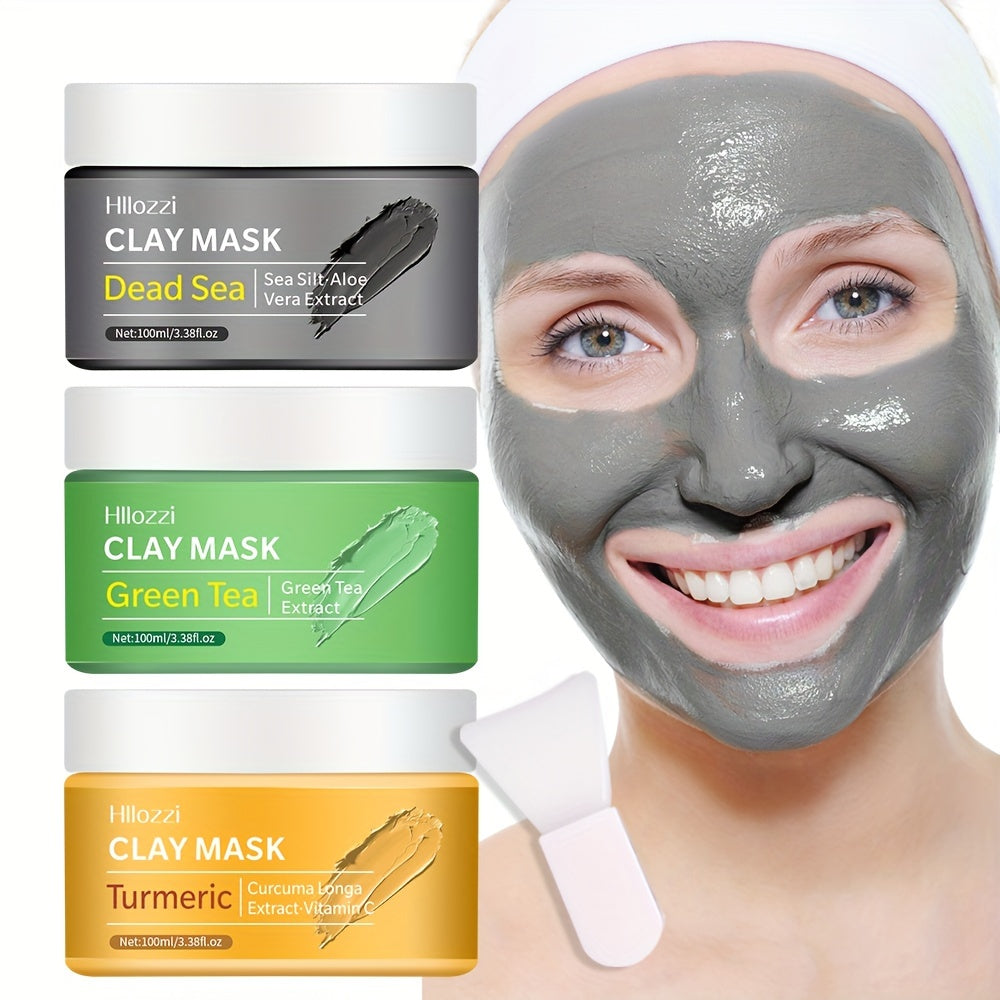 100ml/3.38fl.oz Dead Sea Mud Mask, Turmeric Clay Mask, Green Tea Clay Mask, Three Combination Clay Masks, Moisturizing, Hydrating and Pore Refining Deep Cleansing Facial Skin Care Mask Clay Mask