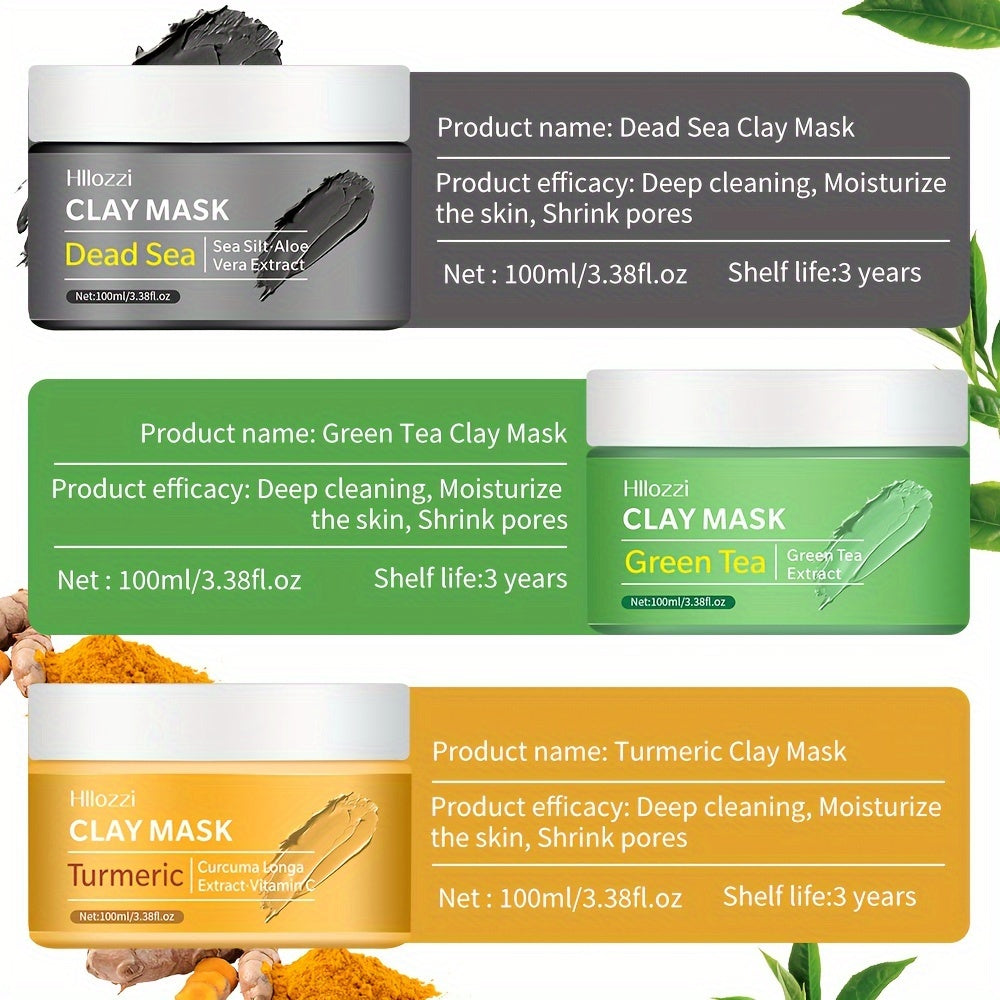100ml/3.38fl.oz Dead Sea Mud Mask, Turmeric Clay Mask, Green Tea Clay Mask, Three Combination Clay Masks, Moisturizing, Hydrating and Pore Refining Deep Cleansing Facial Skin Care Mask Clay Mask