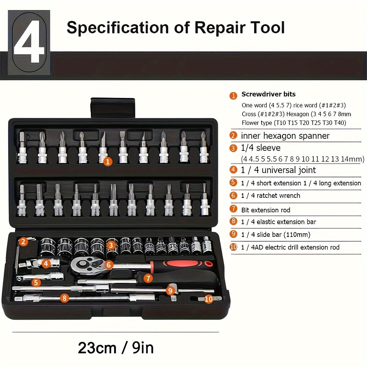 46pcs Ratchet Wrench Set with Socket, 1/4 Inch Transmission, Metric, with Extension Rod, for Car Maintenance and Home Use - Steel Plated Structure, Pre-assembled, Manual, with Storage Box