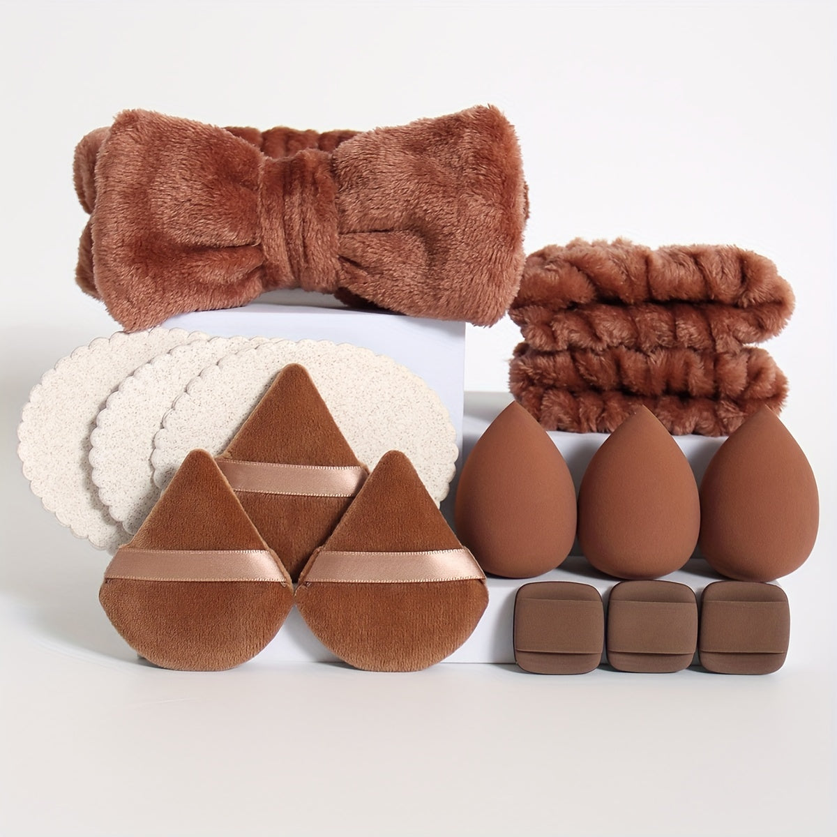15pcs makeup tool set, 1 hair tie & 2 wristbands & 3 makeup sponges & 3 mini makeup sponges & 3 triangular powder puffs & 3 face wash sponges. Foundation mixing beauty sponge, liquid, cream and powder flawless, multi-color ma