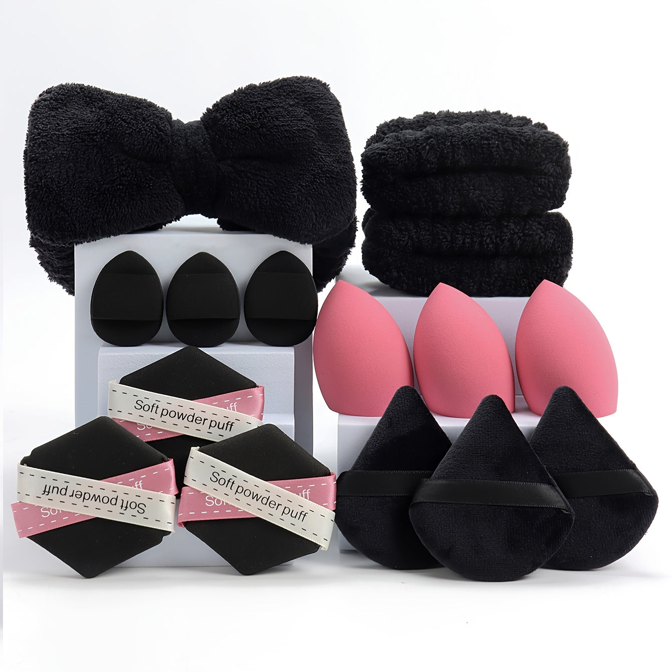 15pcs makeup tool set, 1 hair tie & 2 wristbands & 3 makeup sponges & 3 mini makeup sponges & 3 triangular powder puffs & 3 face wash sponges. Foundation mixing beauty sponge, liquid, cream and powder flawless, multi-color ma