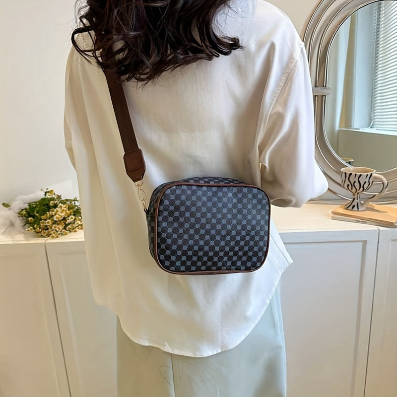 Vintage Plaid Faux Leather Crossbody Bag with Removable Strap, Zipper Closure, Polyester Lined, Painted Edges, Small Pouch - Women'S Shoulder Shell Bag for Occasions