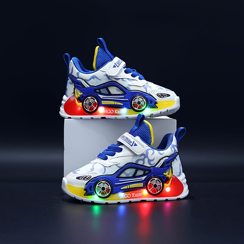 MGO Kids Light-Up Sneakers, Cartoon Car Design, LED Running Shoes for Boys & Girls, Casual All-Season Mesh Upper, Round Toe, Low Top, Disposable Battery, Ages 14 & Under, Spring/Summer/Fall Collection