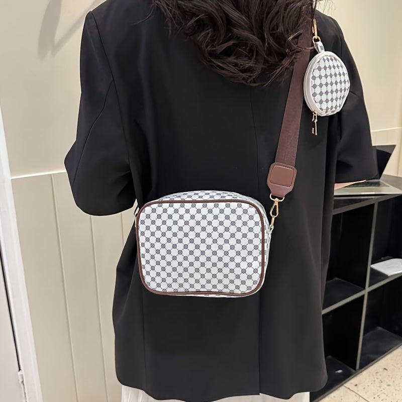 Vintage Plaid Faux Leather Crossbody Bag with Removable Strap, Zipper Closure, Polyester Lined, Painted Edges, Small Pouch - Women'S Shoulder Shell Bag for Occasions
