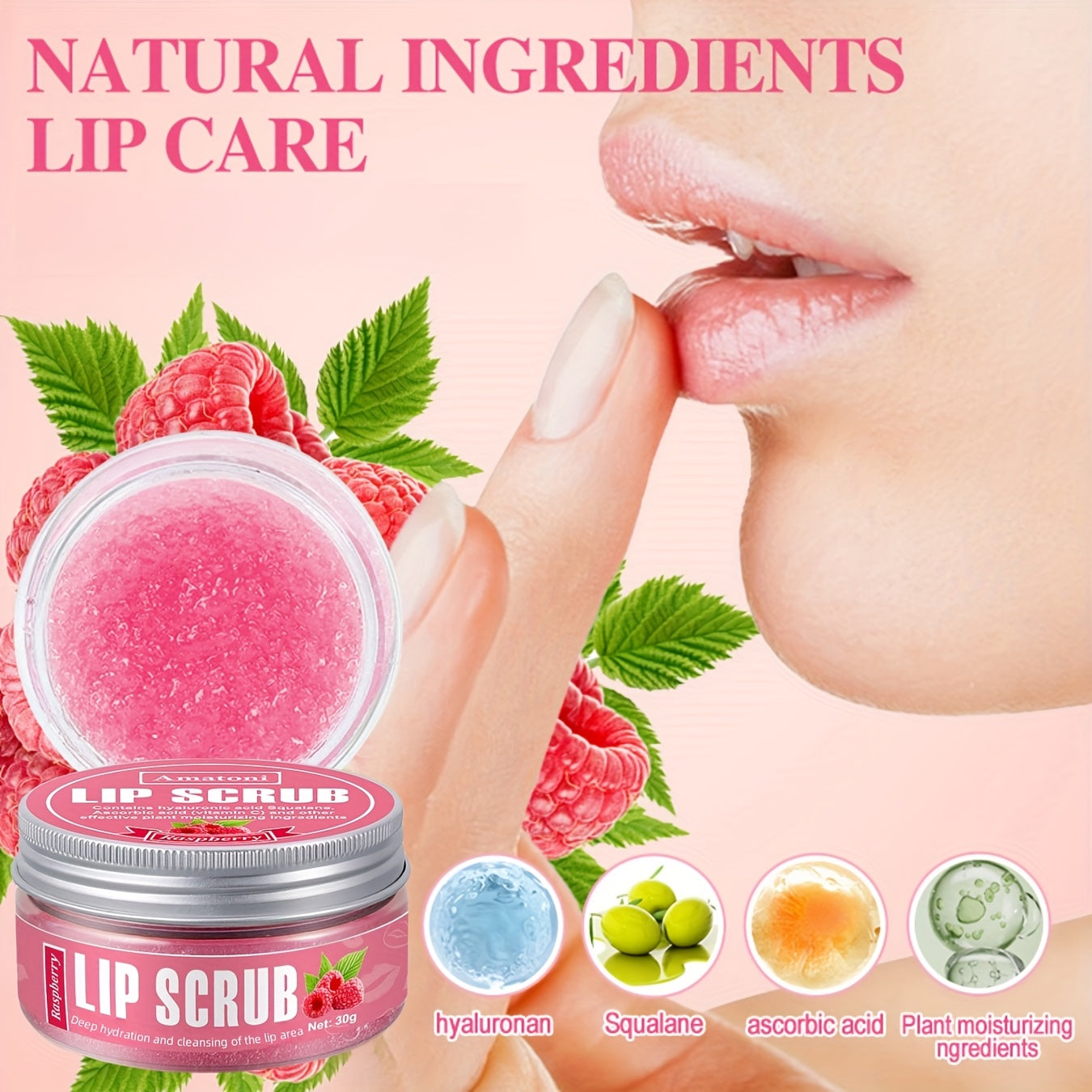 AMAONEI Lip Scrub Raspberry Flavor Lip Exfoliating Gel - Deep Moisturizing, Hypoallergenic, Plant-Sourced Squalane, Smooths and Hydrates Lips, Ideal for All Skin Types, Moisturizing Lip Care|Natural Ingredients|Smooth Texture