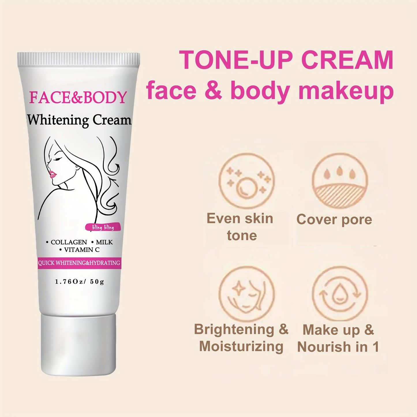 Face And Body Brightening Cream - Tone up Cream, Face & Body Makeup, Suitable for Face, Neck, Armpits, Joints And Other Parts, Mild Texture, Brightening And Moisturizing at The Same Time, Suitable for Men And Women, 50G/1.76O