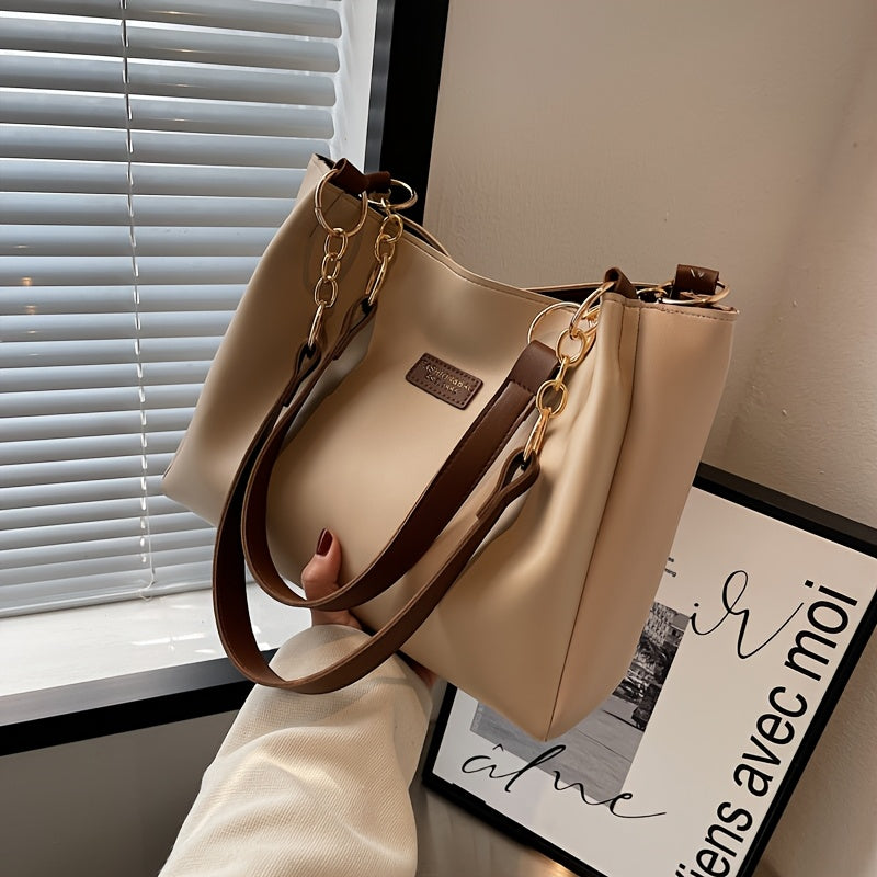 Chic Large Capacity Tote Bag for Women - Versatile Shoulder Bag with Chain Strap, Perfect for Work & School - Available in Khaki, Cream, Black