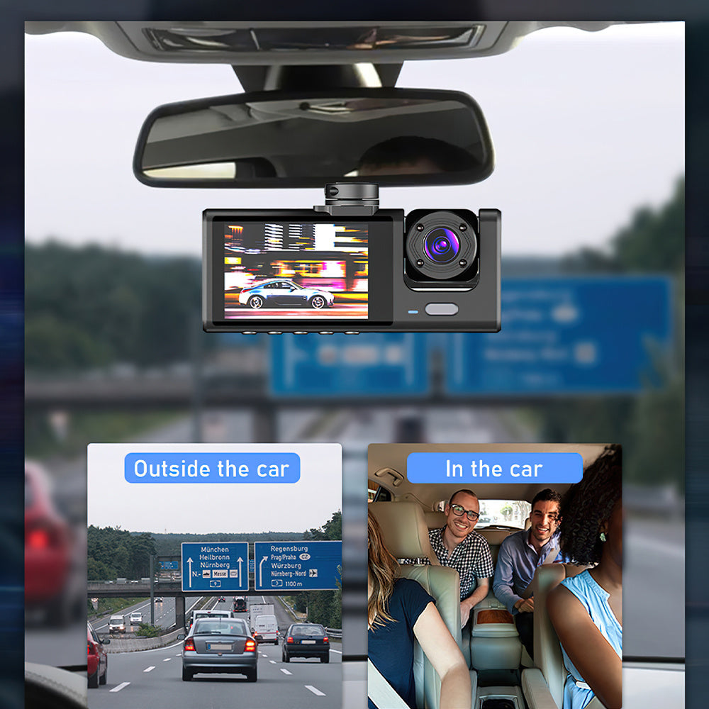 3-Channel Dash Cam Car Camera with Loop Recording & 32GB Card – Wide Angle Front, Cabin & Rear View for Maximum Visibility, Clear Image Quality, Easy to Use