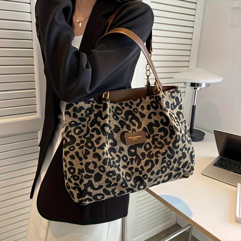Stylish Leopard Print Canvas Tote Bag with Brown Handles & Golden-Tone Hardware, Spacious Shoulder Handbag for School, Work, or Shopping, Work Shoulder Bag | Bold Leopard Print | Oiledge Finish